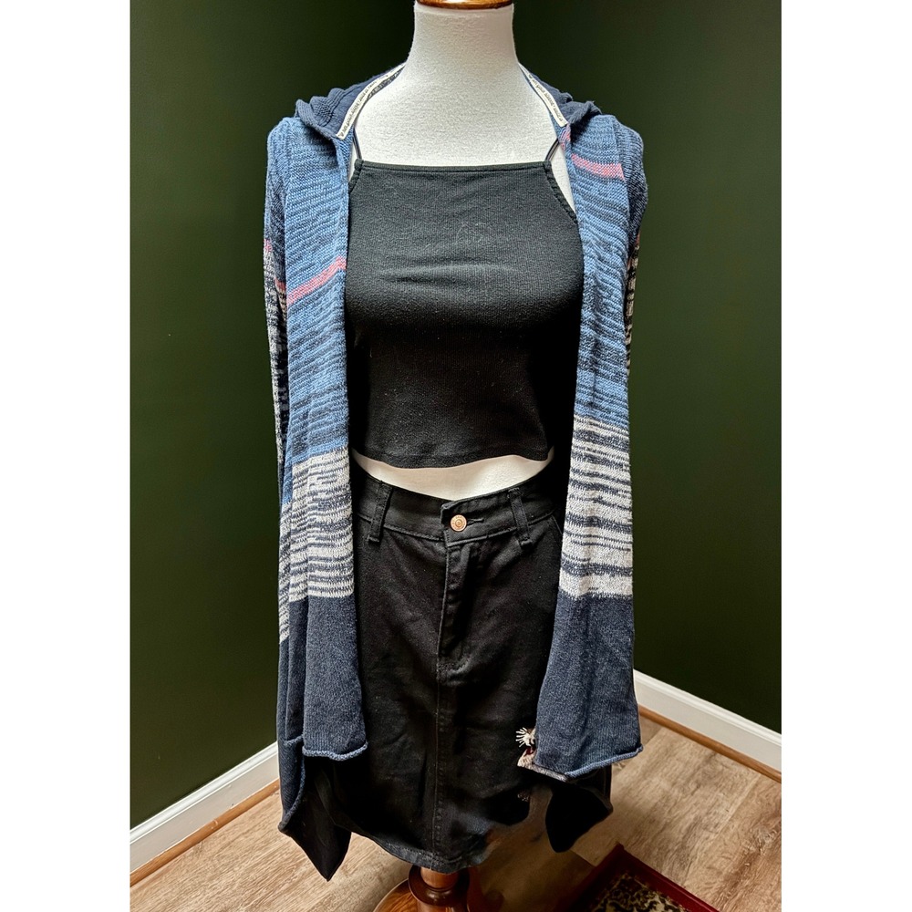 ROXY Blue Striped Hooded Open Front Waterfall Cardigan Women's XS‎